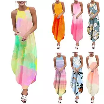 Модные женские повседневные свободные жилетные платья с нерегулярными рукавами и принтом L синий