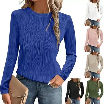 Модные женские повседневные топы, однотонные футболки с круглым вырезом и длинными рукавами, удобные и универсальные футболки для женщин S розовый