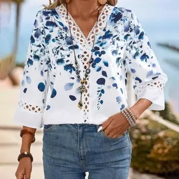 Модные женские повседневные топы, осенние кружевные манжеты с V-образным вырезом, кружевная футболка с длинным рукавом, удобная и универсальная футболка для женщин S белый