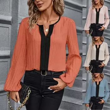 Модные женские повседневные топы с цветными блоками, V-образным вырезом, длинными рукавами, рубашка-блузка, удобная и универсальная футболка для женщин S розовый