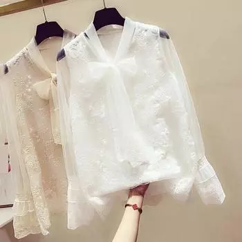 Модные женские повседневные топы с длинным рукавом и цветочным кружевным бантом с v-образным вырезом, однотонные женские рубашки L бежевый