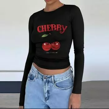 Модные женские повседневные топы с длинным рукавом и круглым вырезом CHERRY Футболка с длинным рукавом и принтом вишни Удобная и универсальная футболка для женщин S чёрный