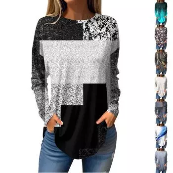 Модные женские повседневные топы с длинными рукавами и круглым вырезом с принтом XXXL