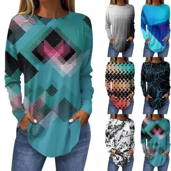 Модные женские повседневные топы с длинными рукавами и круглым вырезом с принтом XL серый