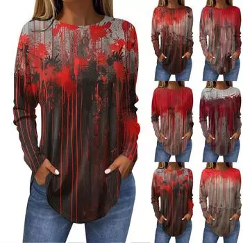 Модные женские повседневные топы с длинными рукавами и круглым вырезом с принтом M киноварь