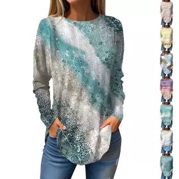 Модные женские повседневные топы с длинными рукавами и круглым вырезом с принтом L синий