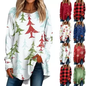 Модные женские повседневные топы с длинными рукавами и круглым вырезом с принтом XXL синий