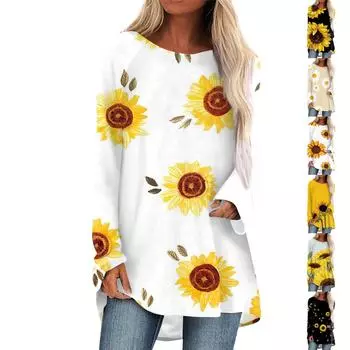 Модные женские повседневные топы с длинными рукавами и круглым вырезом с принтом XL жёлтый