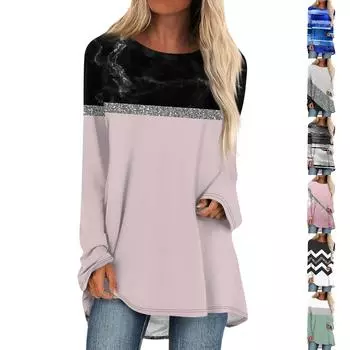 Модные женские повседневные топы с длинными рукавами и круглым вырезом с принтом XL чёрный