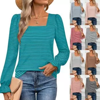 Модные женские повседневные топы с квадратным вырезом, полосатые оборки, длинные рукава, удобная и универсальная футболка для женщин, элегантная женская одежда S красный
