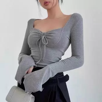 Модные женские повседневные топы с расклешенными рукавами и завязками на талии, топ-рубашка Pure Desire, облегающая футболка с длинными рукавами, элегантная женская одежда S серый