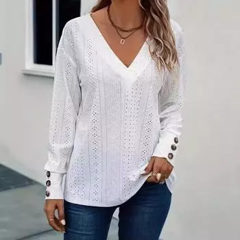 Модные женские повседневные топы с V-образным вырезом и приспущенными плечами, футболка с длинными рукавами, удобная и универсальная футболка для женщин, элегантная женская одежда S белый