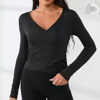Модные женские повседневные топы, топы, сексуальные обтягивающие спортивные топы с V-образным вырезом, спортивные топы для бега, тренировок, фитнеса, тонкая футболка с длинными рукавами S чёрный