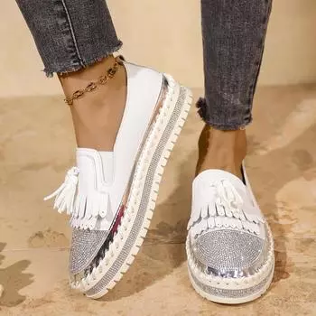 Модные женские повседневные туфли 2024 года, новые мокасины с неглубокой горловиной и одной педалью, туфли на платформе со стразами, обувь большого размера 35 белый