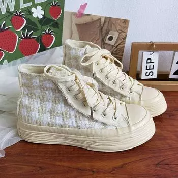 модные женские повседневные туфли разноцветные женские туфли на толстой шнуровке женские парусиновые туфли твидовые высокие кроссовки 35 бежевый