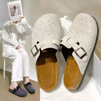 Модные женские пробковые сабо с закрытым носком, новые летние шлепанцы на плоской подошве для женщин, уличные повседневные женские тапочки большого размера 45 43