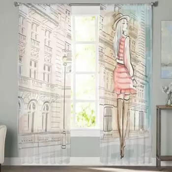 Модные женские прозрачные шторы на улице, вуаль для спальни, прозрачные шторы для окон, кухни, тюлевые шторы 135W x 114H(cm)
