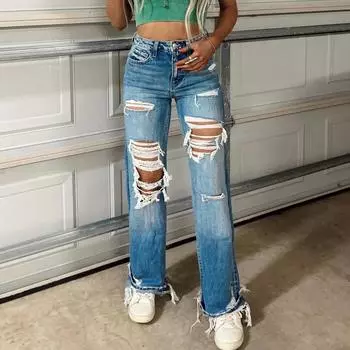 Модные женские прямые рваные повседневные джинсы Модные широкие джинсы M