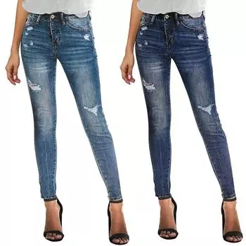 Модные женские пуговицы с высокими отверстиями, повседневные облегающие джинсовые брюки, брюки M синий