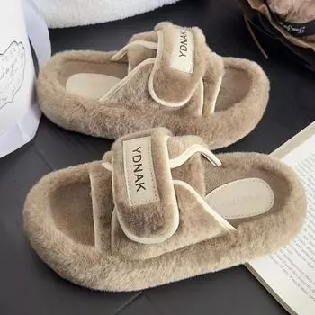 Модные женские пушистые тапочки с толстой подошвой, новые теплые шлепанцы на осень-зиму, модные разноцветные тапочки из искусственного меха для женщин 35 бежевый