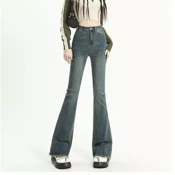 Модные женские расклешенные джинсы, весенне-осенние повседневные джинсовые брюки с высокой талией для женщин, винтажные элегантные облегающие эластичные длинные брюки 501 S чёрный