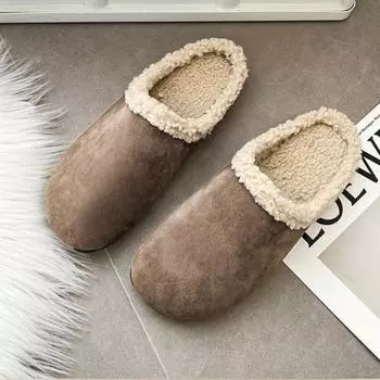 Модные женские ретро теплые тапочки зимние модные кожаные плюшевые тапочки корейские домашние мягкие пробковые плоские шлепанцы из овечьей шерсти повседневные тапочки 35 песочный
