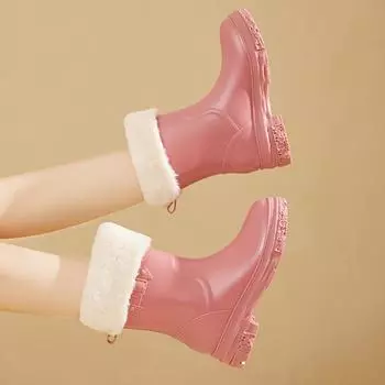 Модные женские резиновые сапоги до середины голени для отдыха на открытом воздухе, модные, нескользящие и удобные, можно добавить хлопок, чтобы согреться осенью и зимой 36 розовый