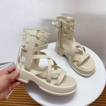 Модные женские римские сандалии на массивном высоком каблуке, лето 2024, сандалии на платформе с ремешком на щиколотке, женская обувь для вечеринок на толстом каблуке с ремешком 35 чёрный