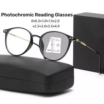 Модные женские роскошные фотохромные очки для чтения мужские ретро-очки для улицы с обесцвечиванием круглые мультифокальные очки для дальнего зрения +4.0 1.0 серый