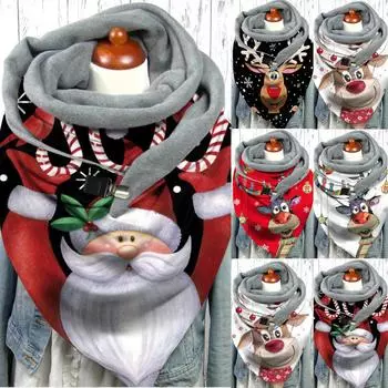 Модные женские рождественские пуговицы с принтом, мягкая накидка, повседневные теплые шарфы, шали, шарф чёрный
