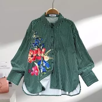 Модные женские рубашки с длинным рукавом в полоску с принтом, новые офисные женские свободные повседневные топы, винтажные блузки, женские простые рубашки на пуговицах, женская одежда 3500 S зелёный