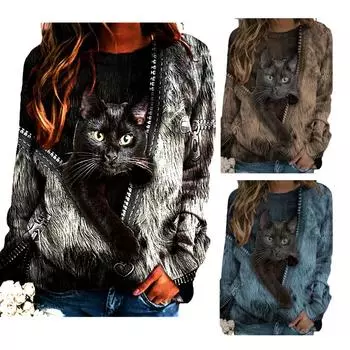 Модные женские рубашки с круглым вырезом и длинным рукавом на молнии с принтом котов 3D Свободная блузка Футболка Топ Новые повседневные топы женская одежда M синий