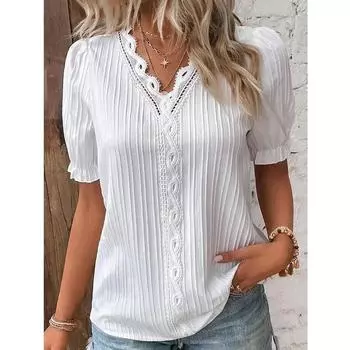 Модные женские рубашки с v-образным вырезом и короткими рукавами, летние свободные женские кружевные блузки с вырезами, белые офисные женские винтажные повседневные топы 30478 S белый