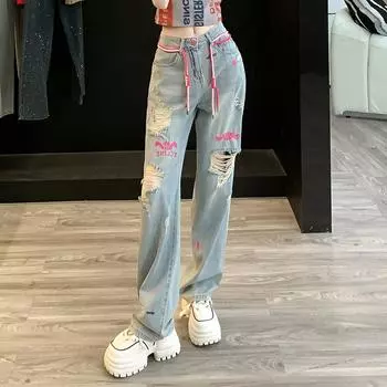 Модные женские рваные джинсовые брюки с дырочками, синие прямые широкие брюки, свободные винтажные сексуальные повседневные джинсы XXL синий