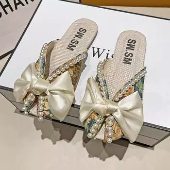 МОДНЫЕ женские сабо, женская обувь без шнуровки, тапочки на плоской подошве с цветочным принтом Baotou, уличные летние сандалии с мягкой подошвой, лето 2024, с жемчужным бантом 40 чёрный