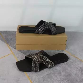 модные женские сандалии 2024 года на низком каблуке, летняя мода, блестящие тапочки с квадратным носком, удобные уличные шлепанцы, сломанные бриллианты, блестящая мода 37 золотой