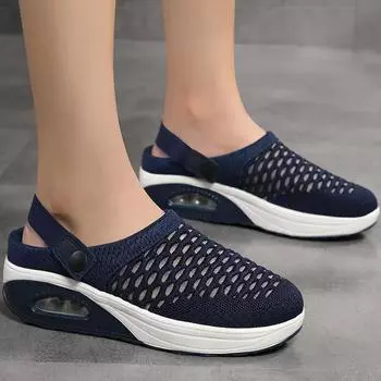 модные женские сандалии 2024 новые женские босоножки на каблуках летние вязаные туфли для женщин босоножки на танкетке с платформой сандалии женские тапочки 35 синий