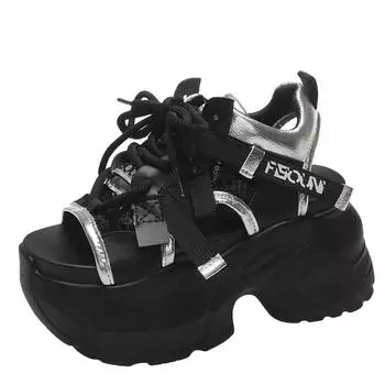 Модные женские сандалии 8,5 см на толстой платформе с массивной подошвой. Повседневная летняя обувь на платформе. Сандалии бежевого и черного цвета. Удобные. 34 белый