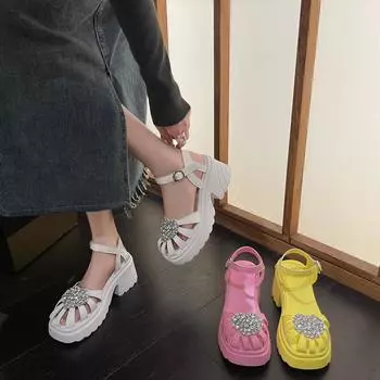 Модные женские сандалии Baotou на толстой подошве, летние полые римские туфли со стразами на высоком каблуке, повседневные босоножки с пряжкой на платформе, женские 34 жёлтый