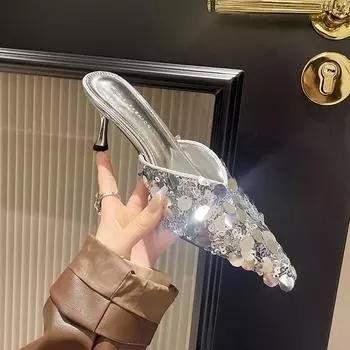 модные женские сандалии блестящие сексуальные женские тапочки мюли обувь модные платья вечерние сандалии летние шлепанцы повседневные прогулочные туфли на высоком каблуке 35 чёрный