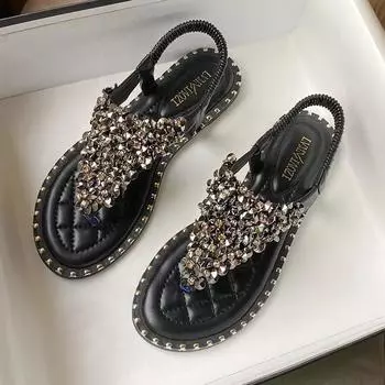 Модные женские сандалии Clamping Foot на плоской подошве, лето 2024, новые популярные римские сандалии в стиле феи с бусинами, размер 41-43 34 абрикосовый