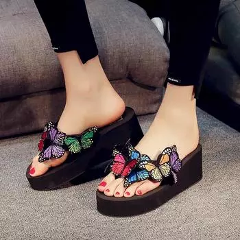 Модные женские сандалии Цветочные тапочки Летние шлепанцы Тапочки Женские туфли на платформе Дамские шлепанцы на танкетке Толстые пляжные тапочки 35 розовый