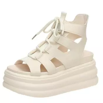 Модные женские сандалии Daddy на толстой подошве, летние, новые, повседневные, на каблуке-танкетке высотой 8 см, со шнуровкой и высоким берцем, римские сандалии 34 чёрный