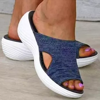 модные женские сандалии летние босоножки на мягкой подошве туфли на танкетке для женщин тапочки из эластичной ткани летняя обувь босоножки на каблуке 35 чёрный