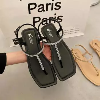 модные женские сандалии летние повседневные пляжные сандалии женские блестящие туфли с бриллиантами женские шлепанцы с Т-образным ремешком тапочки женские сандалии Planas 36 чёрный
