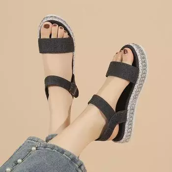 Модные женские сандалии летняя обувь большой размер 36-43 толстая подошва игольчатые пуговицы парусиновые женские сандалии плоские сандалии 36 чёрный