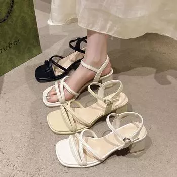 Модные женские сандалии Летняя обувь Высокие каблуки Роскошные дизайнерские туфли на блочном каблуке Низкие Элегантные повседневные средние платья в продаже Черный 40 белый