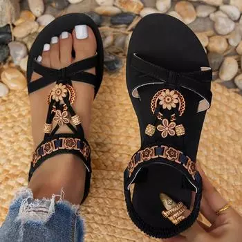 Модные женские сандалии Лето Новые Круглый носок На плоской подошве Дышащие Повседневные сандалии 36 чёрный