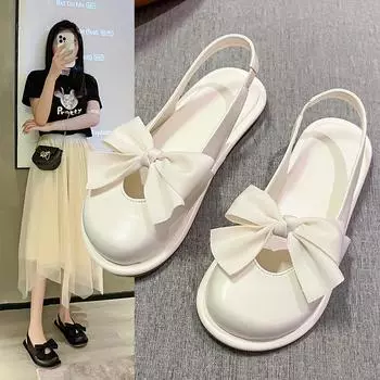 Модные женские сандалии Mary Jane Baotou, летние 2024, новые модные сандалии Grace Bow Ball Peen Flat, повседневные простые женские туфли 35 белый