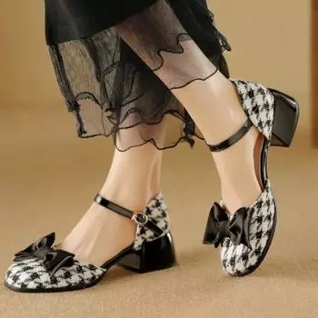 Модные женские сандалии, модная женская обувь 2024 года, туфли на высоком каблуке с пряжкой и ремешком, Мэри Джейн, неглубокий носок, для девочек, роскошный бант, комфорт, бежевый, высокий каблук 35 чёрный